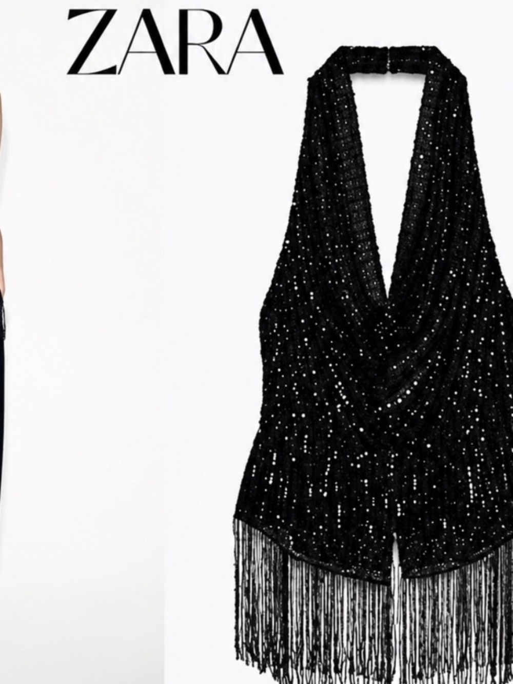 ZARA Black Sequin Halter top with Fringe size L new with tags